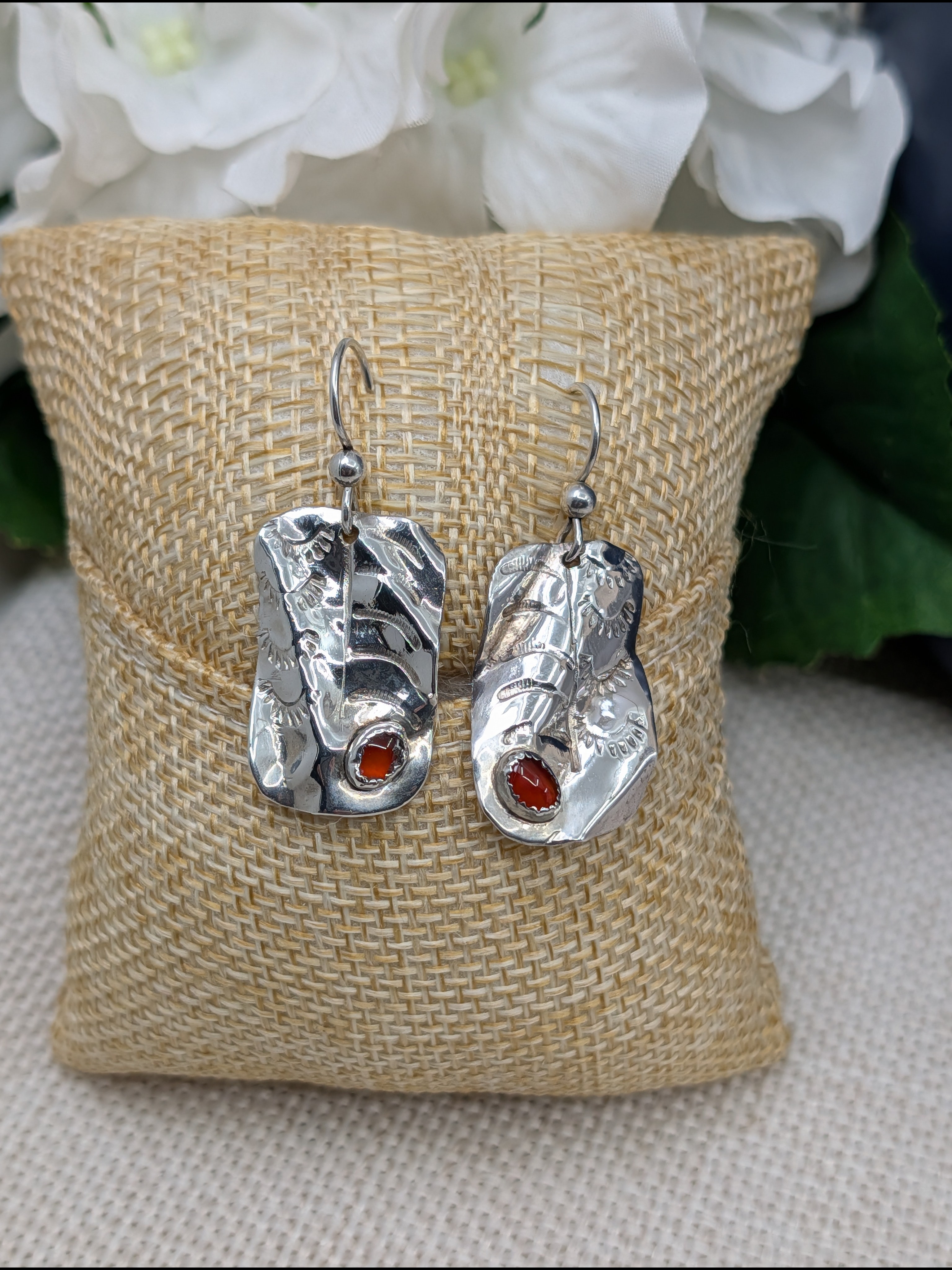 Vintage 925 Sterling Silver Red Gemstone Drop Earrings Handmade Boho Artisan